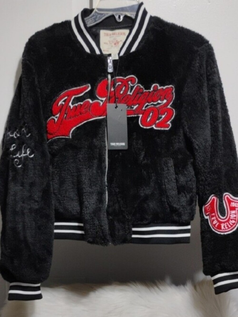 (C-71) SALE! NWT True Religion Black Varsity Bomber Jacket W Red Script